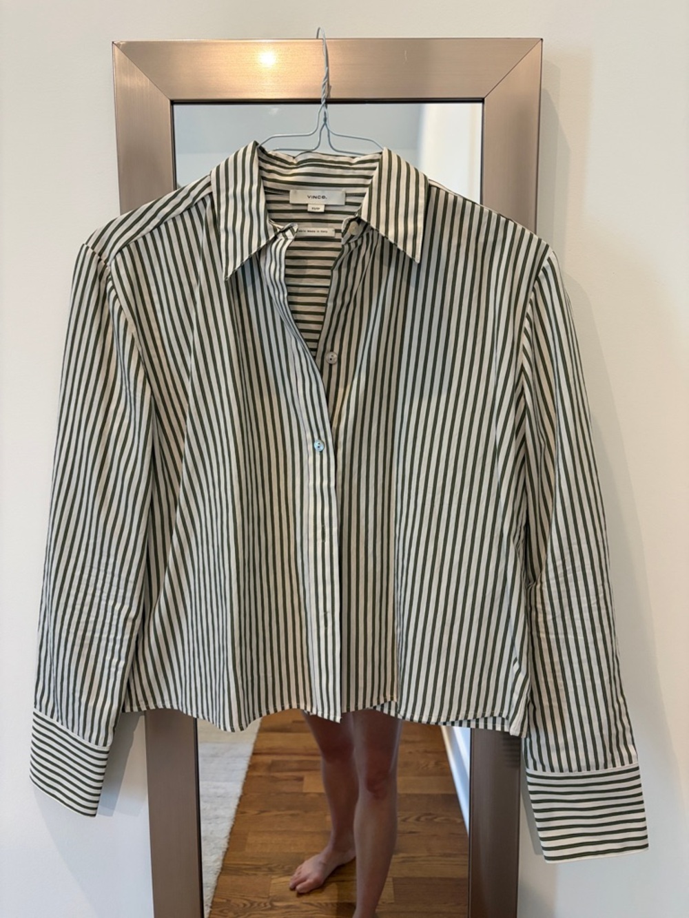 Vince Olive Green & White Vertical Stripe Button-Down